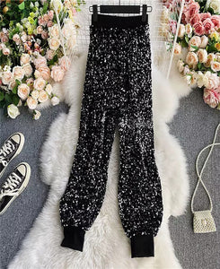 Silver Sequin High Waist Jogger Pants